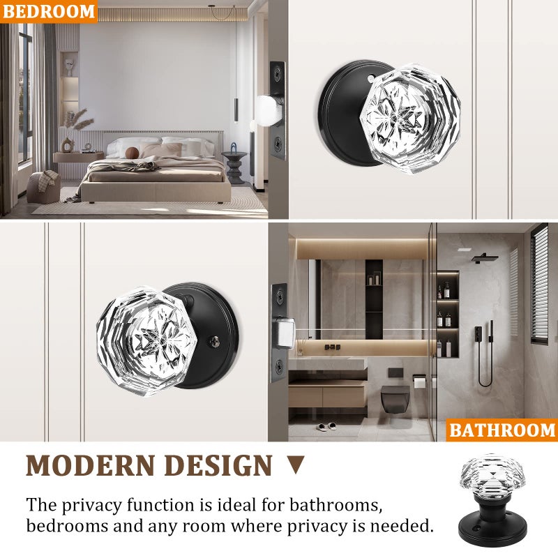 Orger 3 Pack Glass Door Knobs With Flat Black Rosette Bath/Bed Door Knobs For Privacy Use Keyless Interior Door Handles With Diamond Shape Crystal Glass And Zinc Alloy Base - Image 2