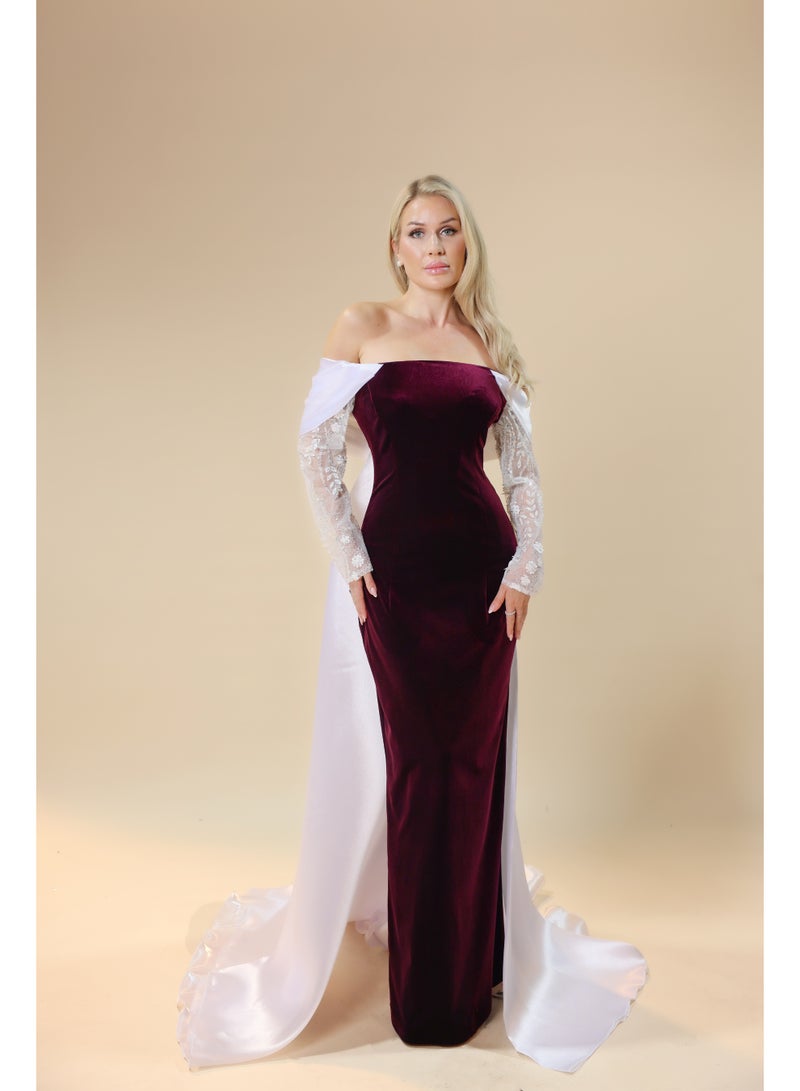 Off-Shoulder Evening Gown with Embroidered Sleeves and Draped Train – Elegant Formal Dress  - Image 1