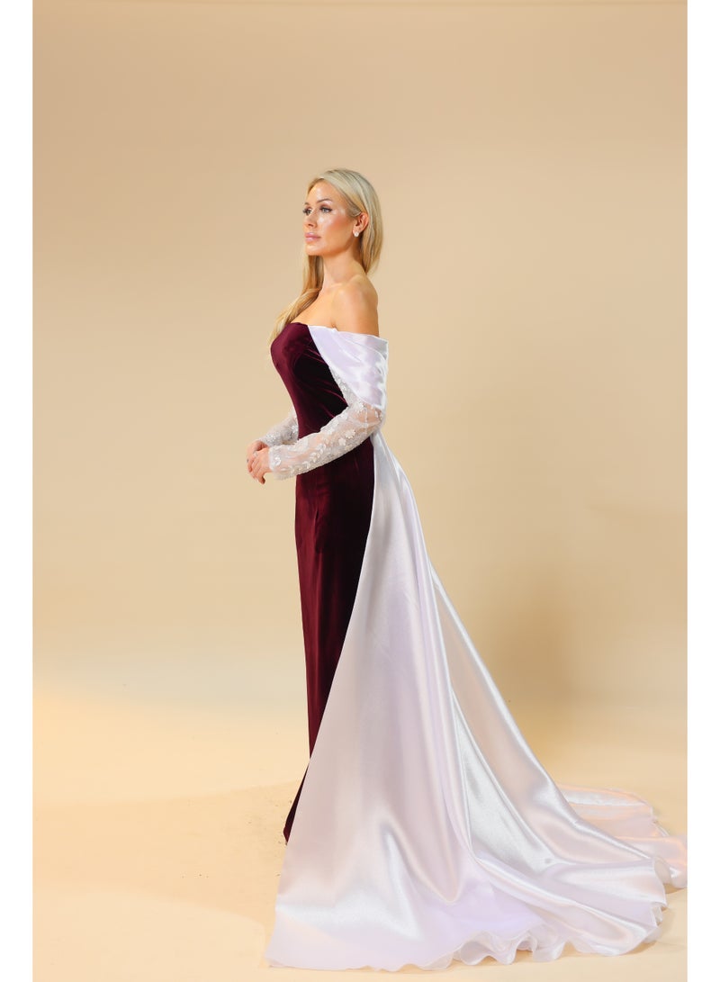 Off-Shoulder Evening Gown with Embroidered Sleeves and Draped Train – Elegant Formal Dress  - Image 2