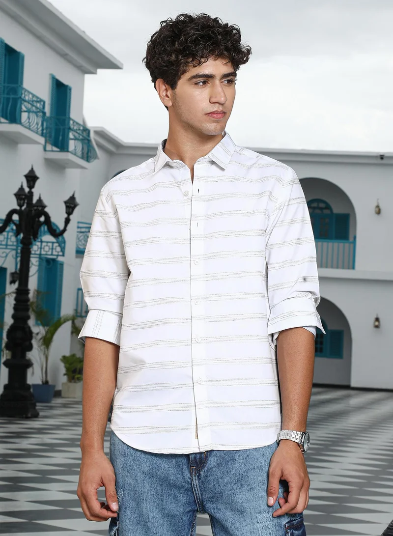Campus Sutra Campus Sutra Men's Chalk White Horizontal-Striped Jacquard Shirt | Spread Collar , Long Cuffed Sleeves , Button Closure , Curved Hem | Stripes Jacquard | Cotton-Blend Shirt For Casual Wear