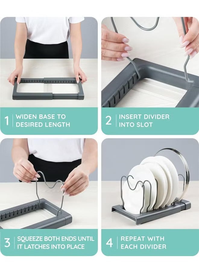 Expandable Pot and Pan Organizer Rack for Cabinet, Pot Lid Organizer Holder with 7 Adjustable Compartments, Cutting Board, Cookware, Bakeware & Frying Rack Organizer for Cabinet (Gray)
