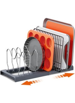 Arabest Expandable Pot and Pan Organizer Rack for Cabinet, Pot Lid Organizer Holder with 7 Adjustable Compartments, Cutting Board, Cookware, Bakeware & Frying Rack Organizer for Cabinet (Gray)  - Image 1