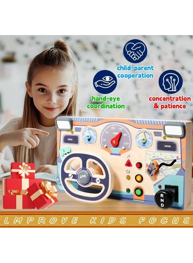 Wooden Steering Wheel Busy Board Sensory Toy With Light Switch Educational Travel Activities For Boys Girls - Image 4