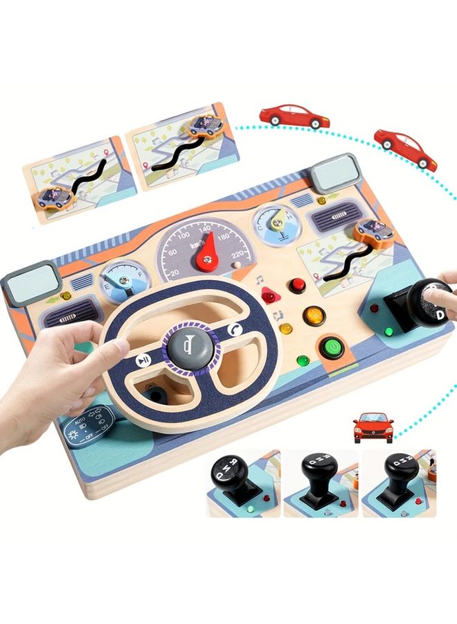 Wooden Steering Wheel Busy Board Sensory Toy With Light Switch Educational Travel Activities For Boys Girls - Image 1