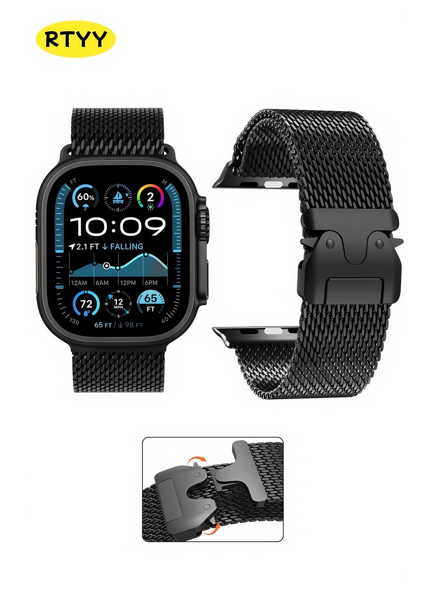 Milanese Mesh Loop Compatible with Apple Watch Metal Bands Ultra 2 49mm 46mm Series 10, 1:1 Stainless Steel Mesh Loop with Parachute-style Metal Buckle for Apple Watch Series 7 8 9 45mm Series 6 5 4 44mm, 3/2/1 42mm Parachute-style Buckle for iWatch Ultra 2 Series 10 9 8 7 6 SE 5 4 3 2