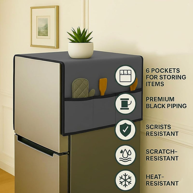 Fancy Walas Refrigerator Single Door Waterproof, Dustproof, Refrigerator Top Cover, Protective Cover for Fridges with Extra Storage Space Nylon Top cover with 6 Storage Pockets ( Grey, 130 x 54 cm ) - Image 4