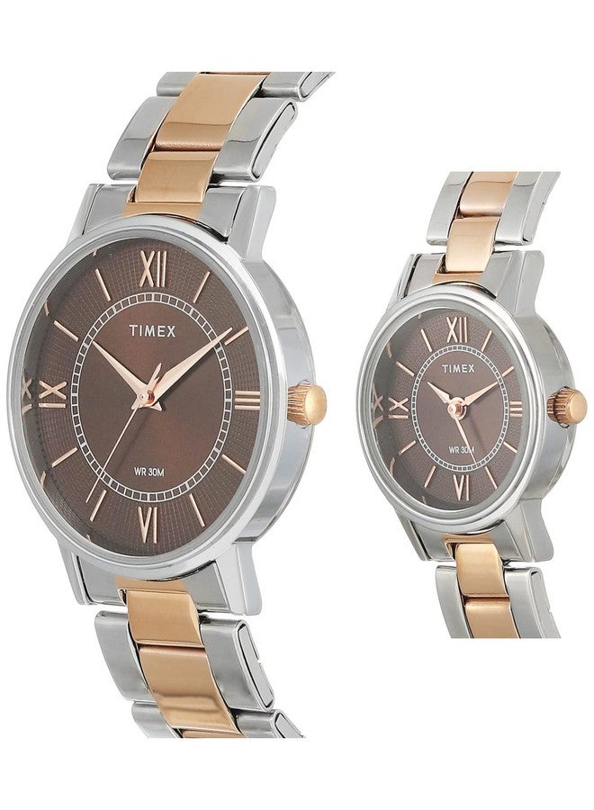 تيميكس طقم ساعات تايمكس أنالوج بمينا بني وسوار متعدد الألوان من الفولاذ المقاوم للصدأ للزوجين - TW00PR214 - Image 2