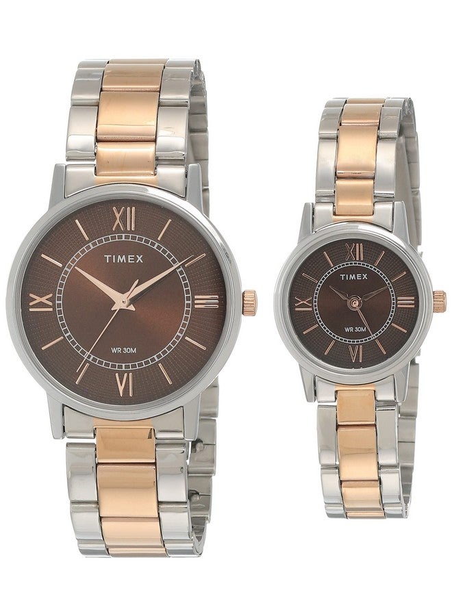تيميكس طقم ساعات تايمكس أنالوج بمينا بني وسوار متعدد الألوان من الفولاذ المقاوم للصدأ للزوجين - TW00PR214 - Image 1