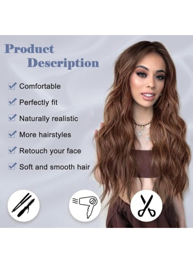 NAYOO Long Ombre Brown Wavy Wig for Women 26 Inch Middle Part Curly Wavy Wig Natural Looking Synthetic Heat Resistant Fiber for Daily Party Use Ombre Brown - Image 3