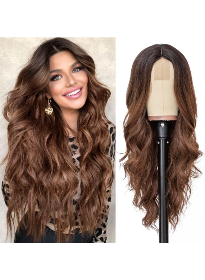 NAYOO Long Ombre Brown Wavy Wig for Women 26 Inch Middle Part Curly Wavy Wig Natural Looking Synthetic Heat Resistant Fiber for Daily Party Use Ombre Brown - Image 2