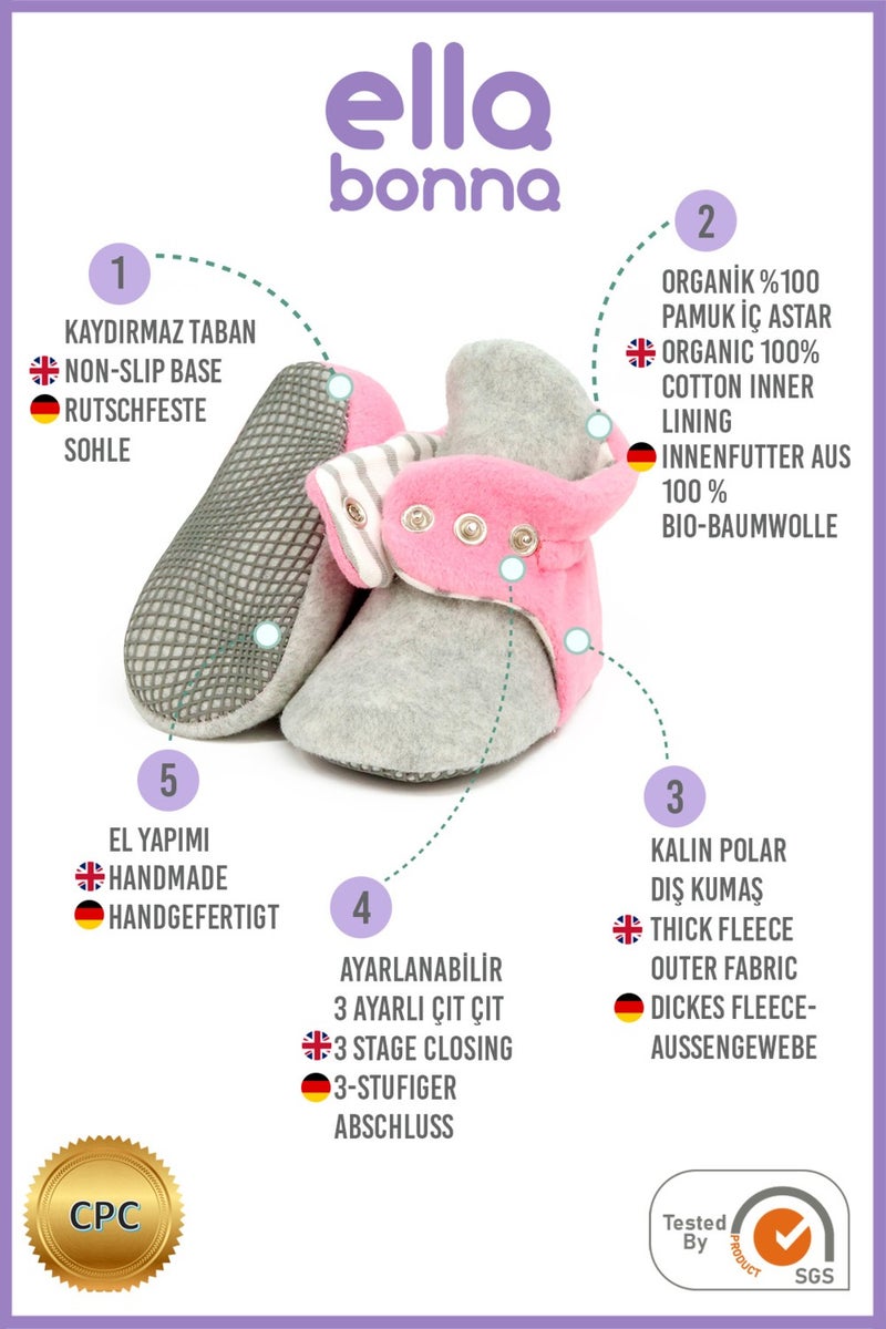 Ella Bonna Polar Baby Slippers, Non-Slip Sole, Organic Cotton Lined, First Step Home Slippers, Gray Pink - Image 3