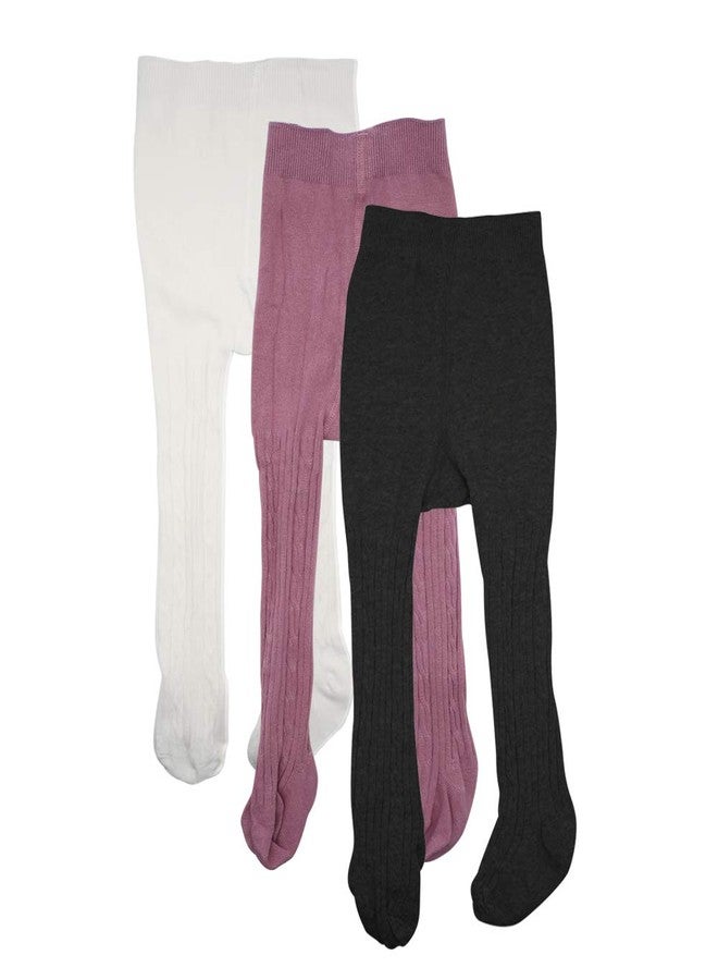 Techcity Baby Girls Tights Toddler Seamless Leggings Cable Knit Cotton Pants Stockings (Pack of 3) (3 Pack Black White Purple, 2-4 Years) - Image 1