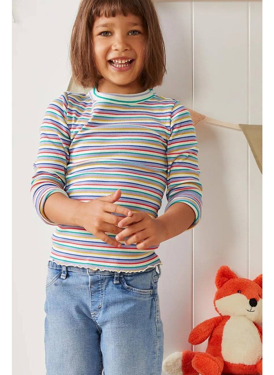 Tchibo Kid Girls Striped Ribbed Structure Sweater, White Combo  - Image 1