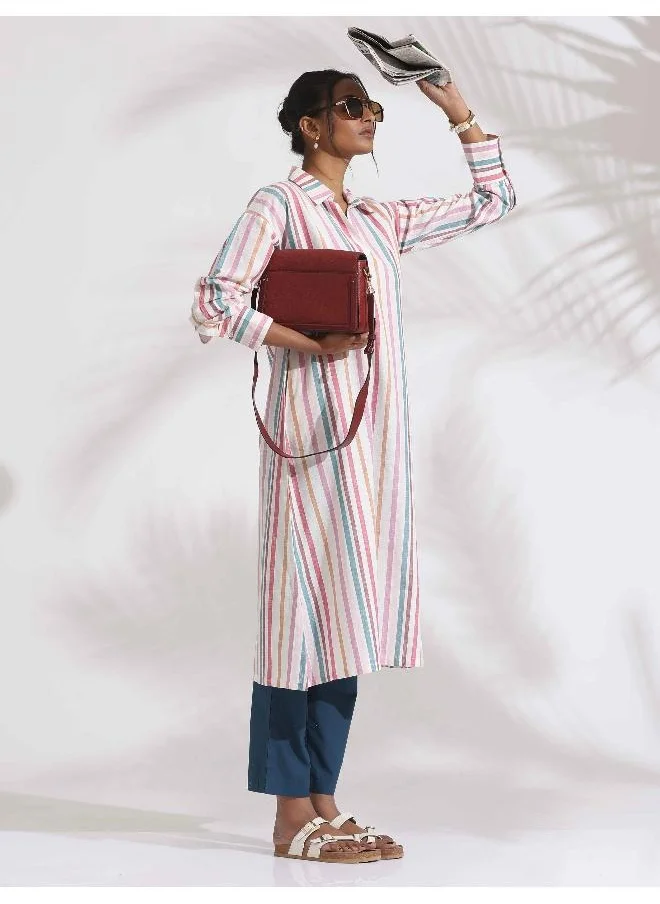 trueBrowns Off-White Cotton Multi Stripe A-line Kurta Set
