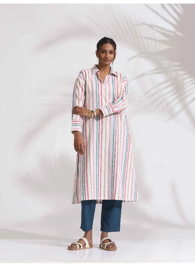trueBrowns Off-White Cotton Multi Stripe A-line Kurta Set
