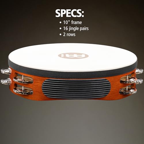 Meinl Percussion TAH2AB Traditional 10-Inch Wood Tambourine with Goat Skin Head and Steel Jingles, 2 Row - Image 2