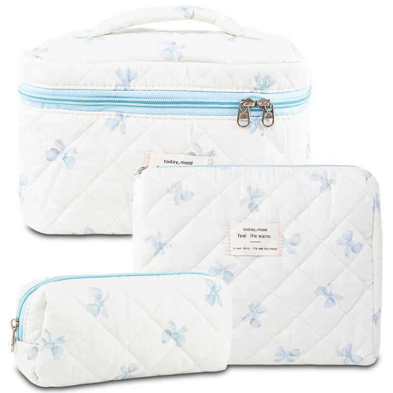 GISMTR 3Pcs Makeup Bag Cotton Quilted Travel Cosmetic Bag Cute Floral Makeup Pouch Large Toiletry Bag for Women Girls BowBlue - Image 2