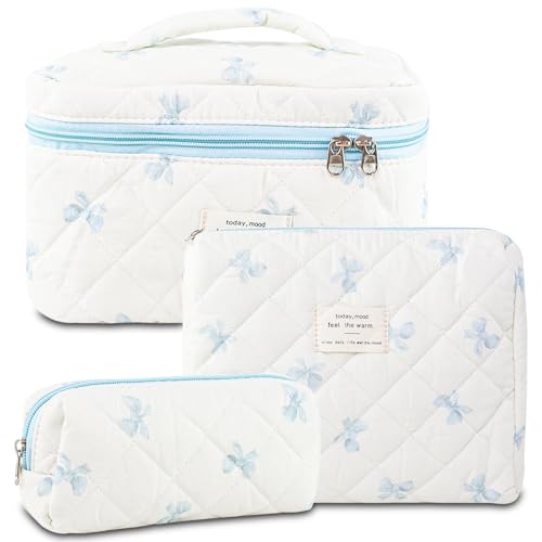 GISMTR 3Pcs Makeup Bag Cotton Quilted Travel Cosmetic Bag Cute Floral Makeup Pouch Large Toiletry Bag for Women Girls BowBlue - Image 1