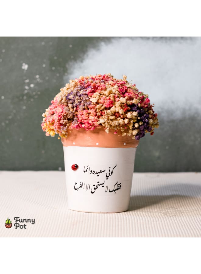 Pottery Plant Pot with natural immortal baby flowers - white - 13*8 cm