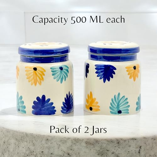BACKKSPACE RETAIL Ceramic Jars for Kitchen Storage with Airtight Lid Pickle Spices Stoneware Food Storage Jar Box with Airtight Silicone Seal | Pack of 2 | Capacity 500ml (Blue) - Image 3