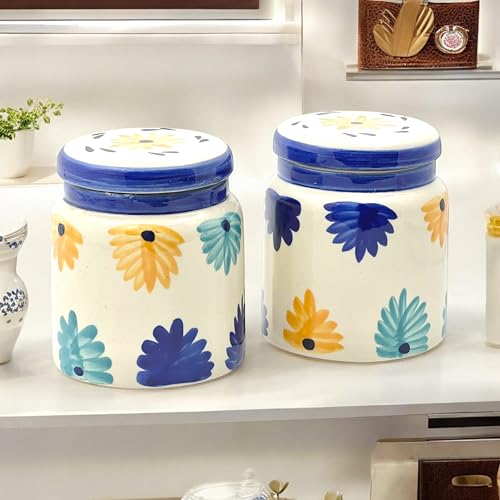 BACKKSPACE RETAIL Ceramic Jars for Kitchen Storage with Airtight Lid Pickle Spices Stoneware Food Storage Jar Box with Airtight Silicone Seal | Pack of 2 | Capacity 500ml (Blue) - Image 1