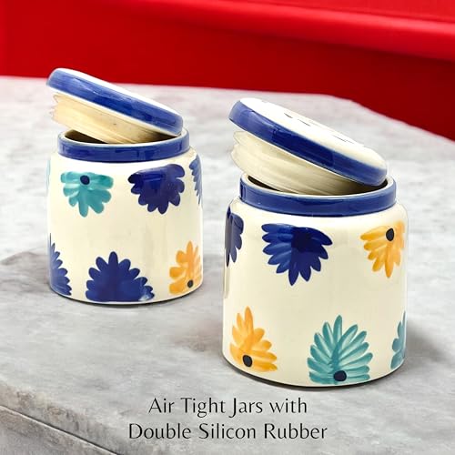 BACKKSPACE RETAIL Ceramic Jars for Kitchen Storage with Airtight Lid Pickle Spices Stoneware Food Storage Jar Box with Airtight Silicone Seal | Pack of 2 | Capacity 500ml (Blue) - Image 4