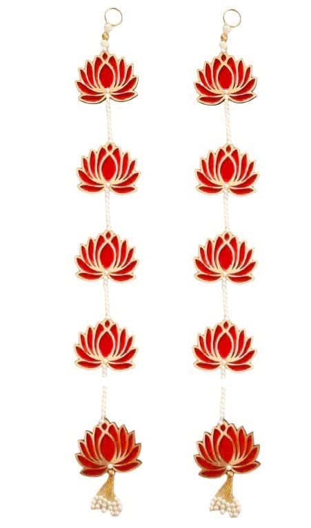 Khakee Khakee Lotus Hangings for Decoration 5 Tier MDF Floral Wall Hangings with White Beads PearlsDoor Hanging Hangings for Door Entrance Lotus Size 3 Latkan Size 30 Inch2 PCSl21