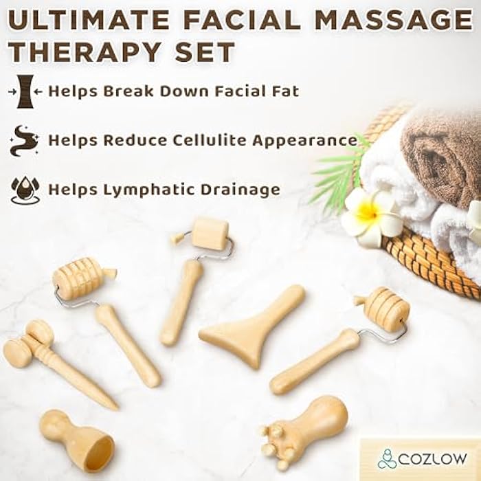 COZLOW Wood Therapy Facial Massage Tools (7 Piece Set), Gua Sha Wooden Face Massager Kit for Face Lifting, Lymphatic Drainage, Skin Care & Anti-Aging - Image 2