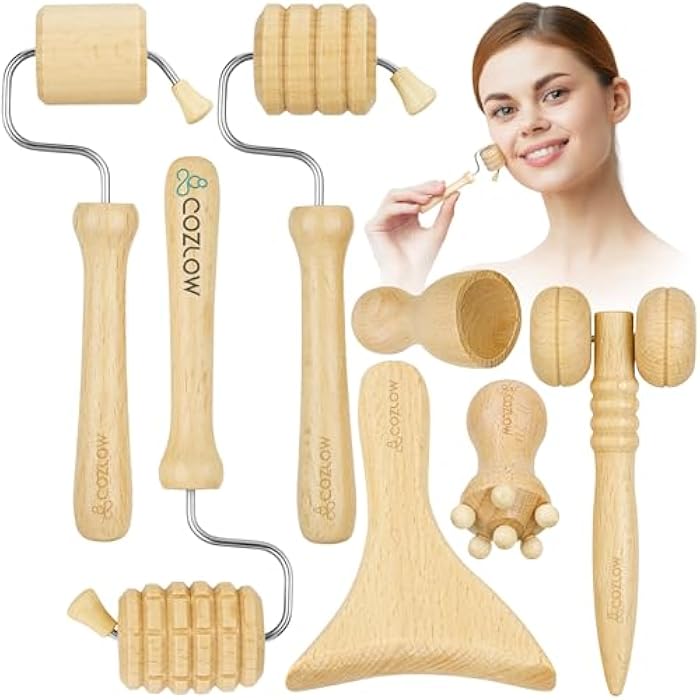 COZLOW Wood Therapy Facial Massage Tools (7 Piece Set), Gua Sha Wooden Face Massager Kit for Face Lifting, Lymphatic Drainage, Skin Care & Anti-Aging - Image 1