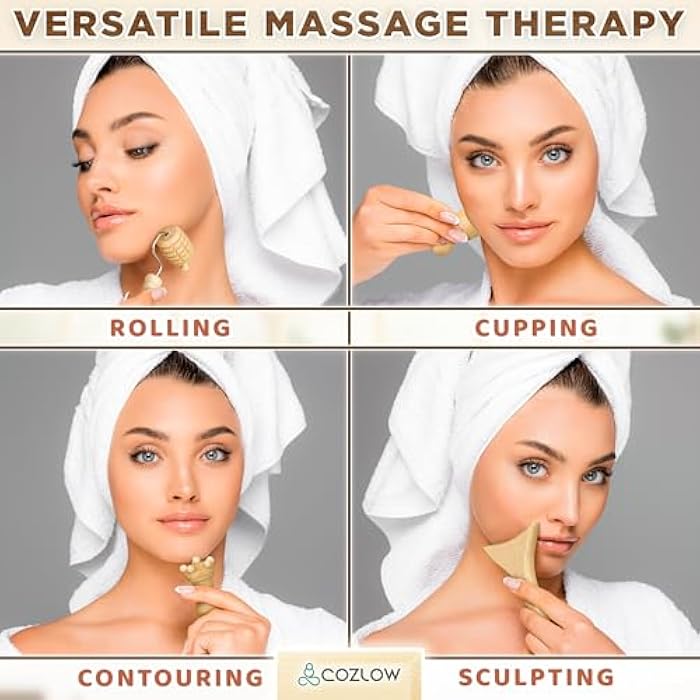 COZLOW Wood Therapy Facial Massage Tools (7 Piece Set), Gua Sha Wooden Face Massager Kit for Face Lifting, Lymphatic Drainage, Skin Care & Anti-Aging - Image 4