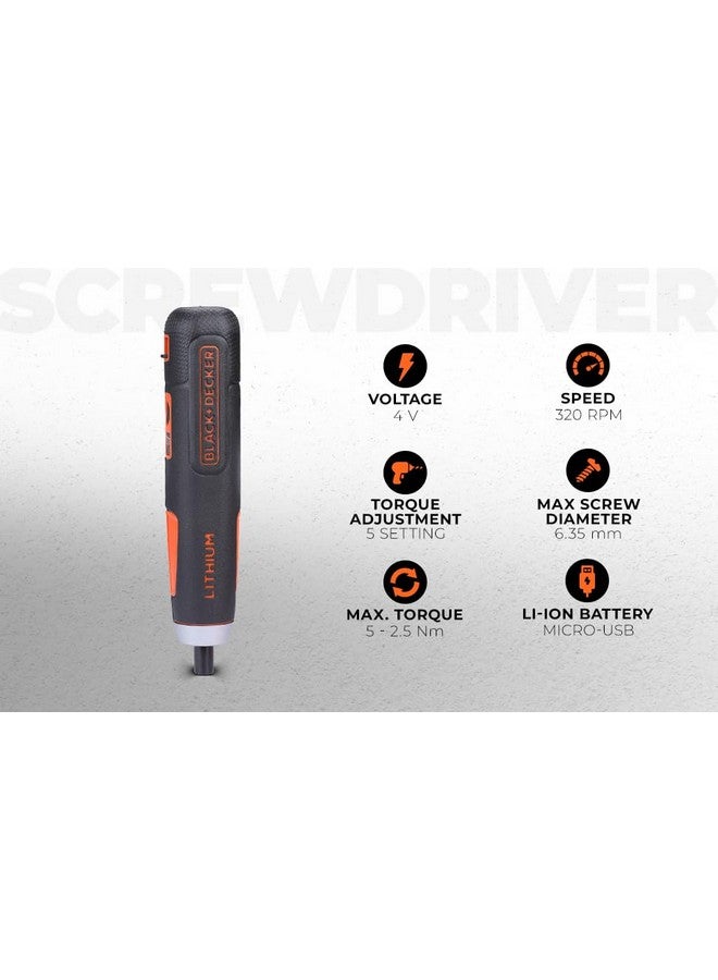 BLACK+DECKER BLACK+DECKER BD40K27 4V 6.35mm Li-ion Cordless Screwdriver with E-Clutch and Intelligent Torque System with 2 LED Worklights & 27-Piece Accessories for Home & DIY Use, 1 Year Warranty, ORANGE & BLACK  - Image 2