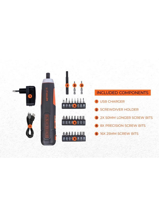 BLACK+DECKER BLACK+DECKER BD40K27 4V 6.35mm Li-ion Cordless Screwdriver with E-Clutch and Intelligent Torque System with 2 LED Worklights & 27-Piece Accessories for Home & DIY Use, 1 Year Warranty, ORANGE & BLACK  - Image 4