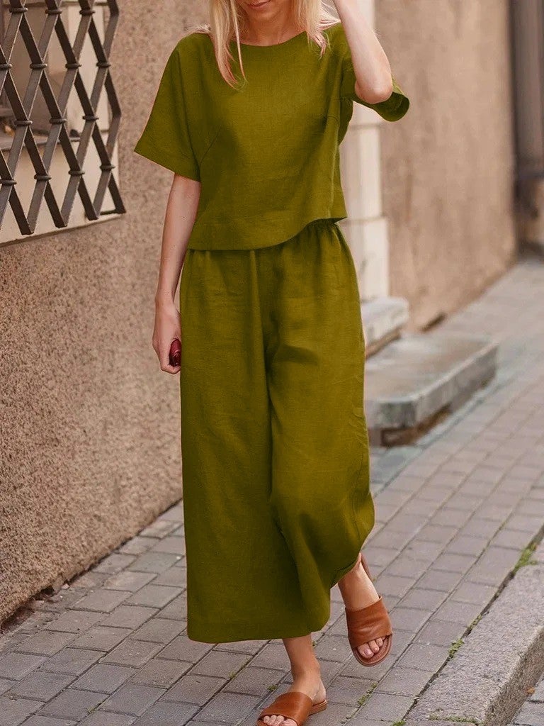 Barbora Linen Casual Comfortable Elastic Waist Women's Two Piece Set Bottom Top LN10HAKI10 