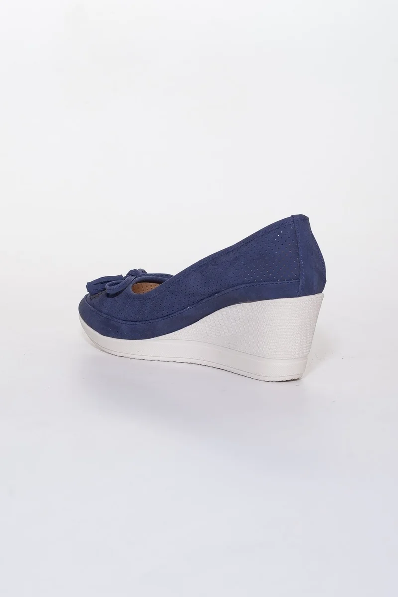 Dilimler Ayakkabı Wedge Sole Laser Cut Navy Blue Women's Wedge Heeled Shoes