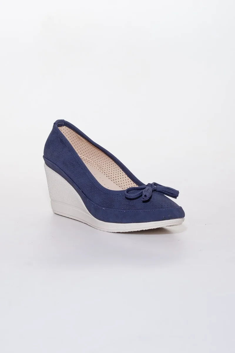 Dilimler Ayakkabı Wedge Sole Laser Cut Navy Blue Women's Wedge Heeled Shoes