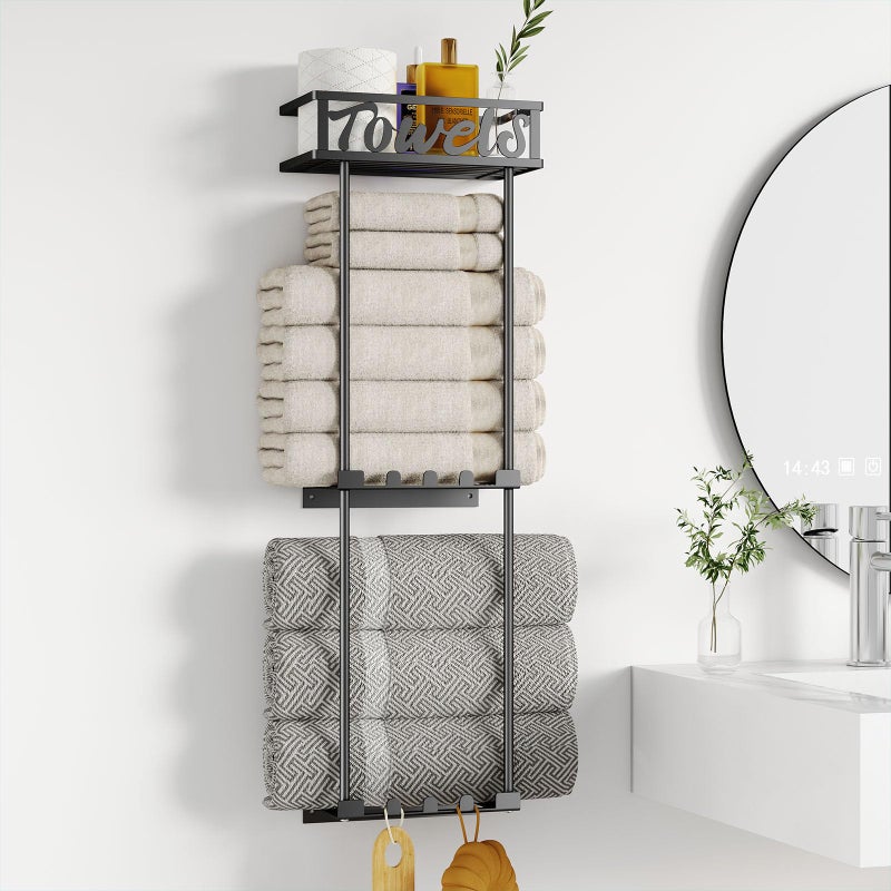 HapiRm Towel Rack Storage Organizer  3 Tier Towel Holder for Bathroom Wall Mounted with Storage Basket and 6 Hooks Design for Rolled Towels Black