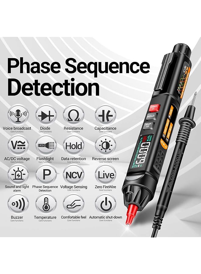 SYOSI Multimeter Ac/Dc Voltage Tester, 6000 Counts Pen Type Professional Current Meter, Non-Contact Electricians Voltmeter Tester For Ac/Dc Voltage, Live Wire, Resistance, Continuity And Diode Tests - Image 5