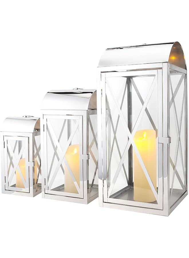 The Bros Set of 3 Stainless Steel Candle Lantern 52/38.5/28cm High Metal Candle Holder with Tempered Glass for Home Decor Living Room Parties Events Tabletop Indoors Outdoors (Silver)  - Image 1