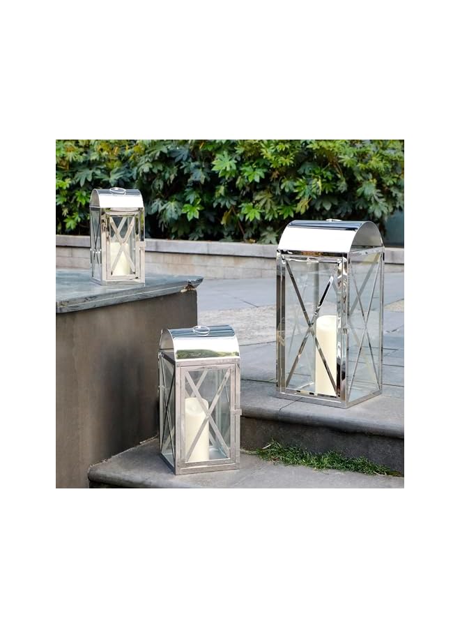 The Bros Set of 3 Stainless Steel Candle Lantern 52/38.5/28cm High Metal Candle Holder with Tempered Glass for Home Decor Living Room Parties Events Tabletop Indoors Outdoors (Silver)  - Image 3