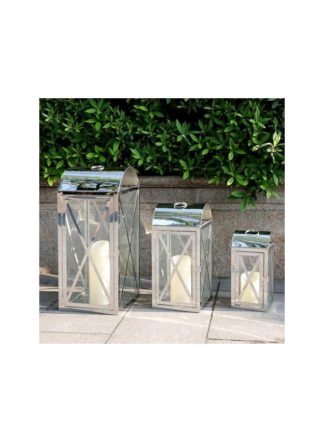 The Bros Set of 3 Stainless Steel Candle Lantern 52/38.5/28cm High Metal Candle Holder with Tempered Glass for Home Decor Living Room Parties Events Tabletop Indoors Outdoors (Silver)  - Image 4