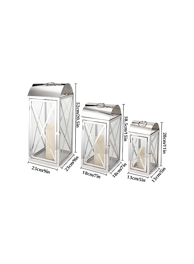 The Bros Set of 3 Stainless Steel Candle Lantern 52/38.5/28cm High Metal Candle Holder with Tempered Glass for Home Decor Living Room Parties Events Tabletop Indoors Outdoors (Silver)  - Image 2