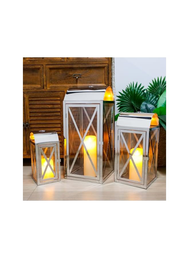 The Bros Set of 3 Stainless Steel Candle Lantern 52/38.5/28cm High Metal Candle Holder with Tempered Glass for Home Decor Living Room Parties Events Tabletop Indoors Outdoors (Silver)  - Image 5