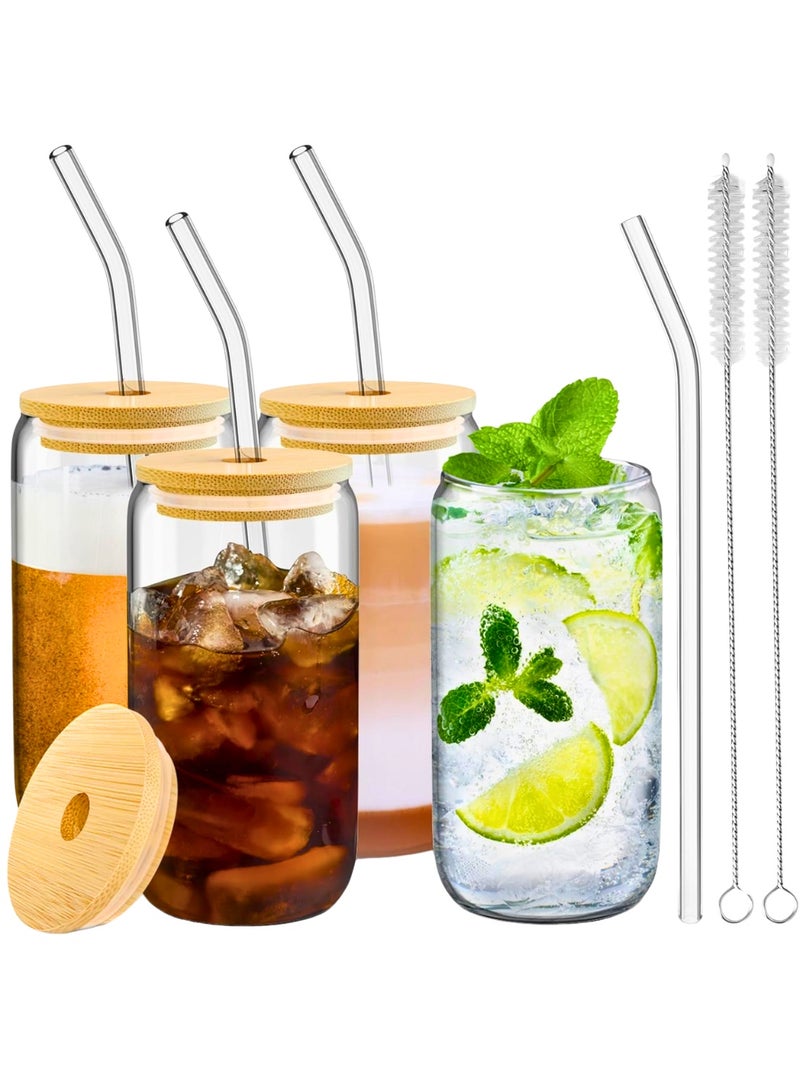 Set of 4- 550 ML Borosilicate Can-Shaped Sipper Glass Set with Bamboo Lids & Straw, Trendy Tumbler Set for Iced Coffee, Juice & More
