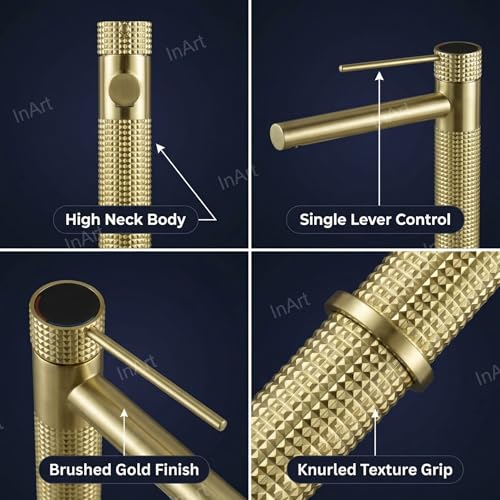 InArt Single Lever Basin Mixer Tap, 12" Brushed Gold Finish, Brass, Deck Mount, Hot and Cold Water Provision HNBF053 - Image 3