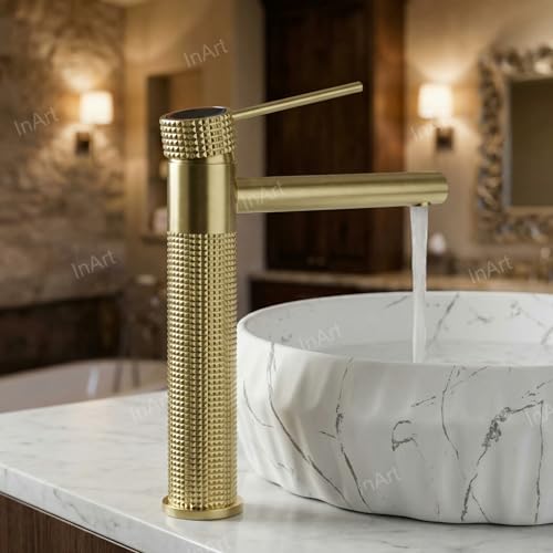 InArt Single Lever Basin Mixer Tap, 12" Brushed Gold Finish, Brass, Deck Mount, Hot and Cold Water Provision HNBF053 - Image 5