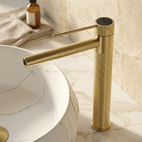 InArt Single Lever Basin Mixer Tap, 12" Brushed Gold Finish, Brass, Deck Mount, Hot and Cold Water Provision HNBF053 - Image 1