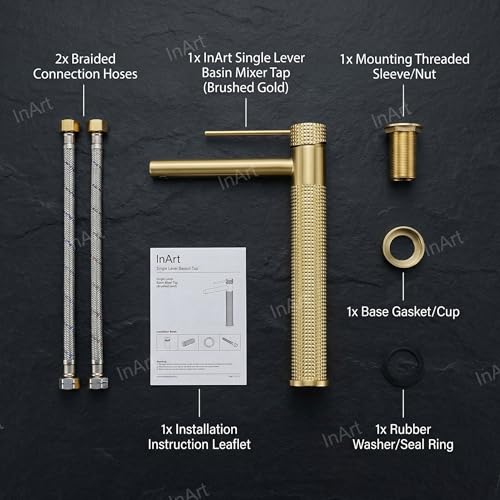 InArt Single Lever Basin Mixer Tap, 12" Brushed Gold Finish, Brass, Deck Mount, Hot and Cold Water Provision HNBF053 - Image 2