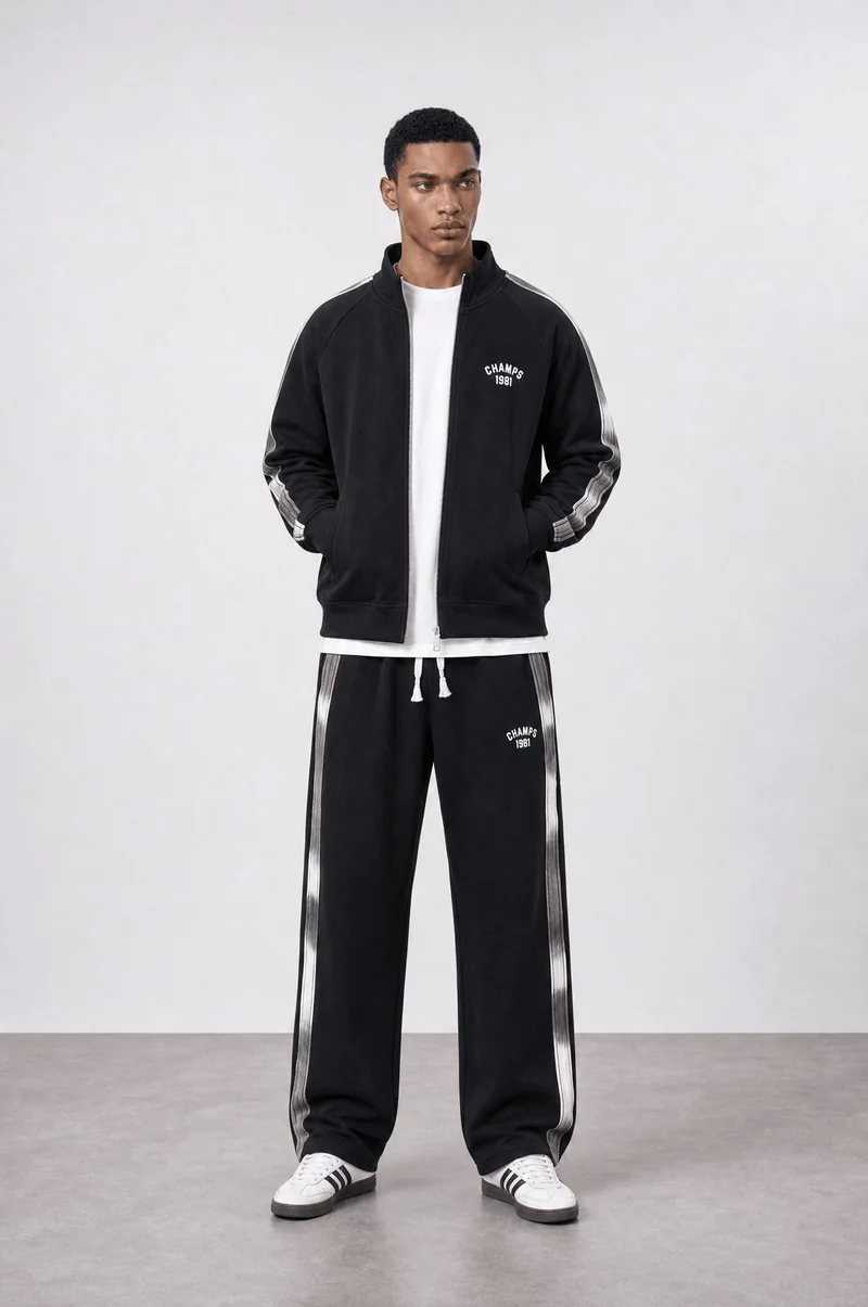 Respire Men's Champs Doubleface Tracksuit with Stripe Detail, Black