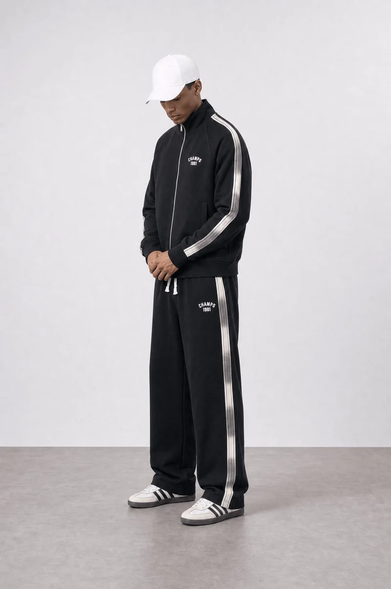 Respire Men's Champs Doubleface Tracksuit with Stripe Detail, Black