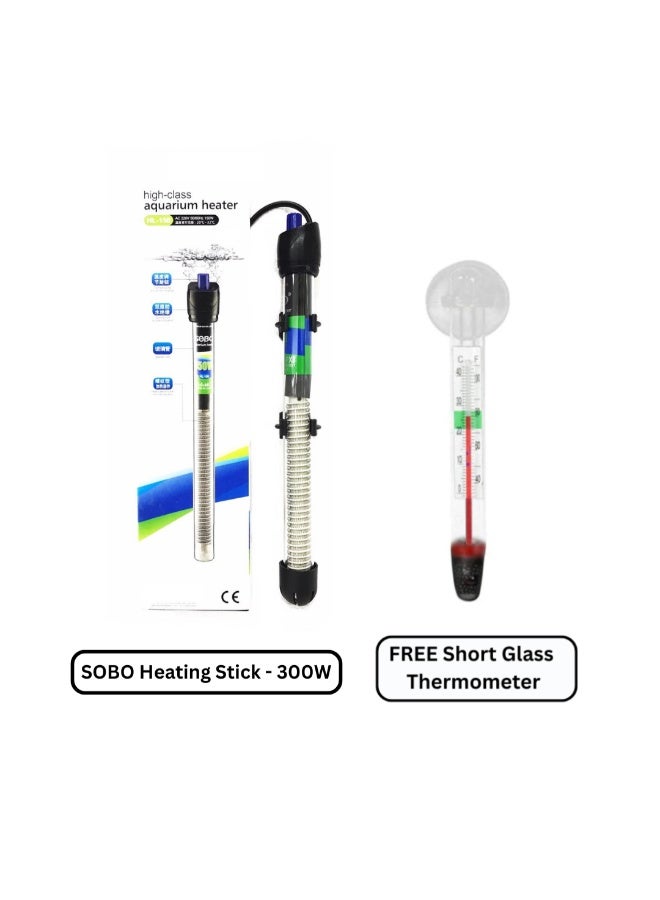 SOBO 300W Aquarium Heater Glass Submersible Heater with Adjustable Thermostat With FREE Short Glass Thermometer - Image 1
